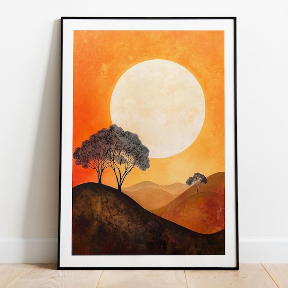 African Sunset Landscape Art Print: Earth Tone Silhouette
