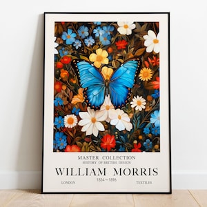 William Morris Blue Butterfly & Flowers / Manifesto della mostra / Manifesto di William Morris / Arte vintage / Arte tessile / Parete floreale / Fauna selvatica