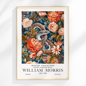 May include: A framed art print showcasing a snake amidst a floral design with orange and peach blooms and green leaves. The print includes text: "MASTER COLLECTION HISTORY OF BRITISH DESIGN WILLIAM MORRIS 1834-1896 LONDON TEXTILES."
