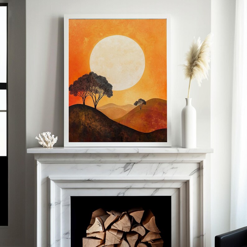 May include: A digital painting of a landscape with two trees in the foreground and a large, bright yellow sun in the background. The sky is a vibrant orange color and the hills are a mix of brown and green.