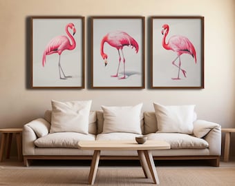Flamingo Art Print Set: Elegant Pink Bird Portraits