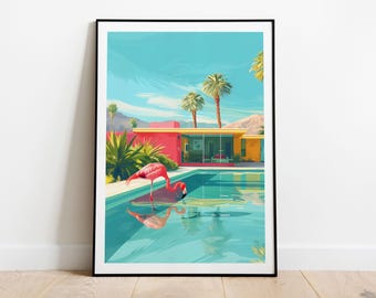 Retro Rosa Flamingo-tryck: Modern Palm Springs-konst vid poolen i mitten av århundradet
