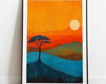 African Sunset Print: Tribal Acacia Tree Landscape, Bold Wall Art