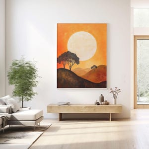 May include: A painting of a sunset landscape with two trees and a large, white moon in the sky. The hills are painted in shades of orange, brown, and yellow.