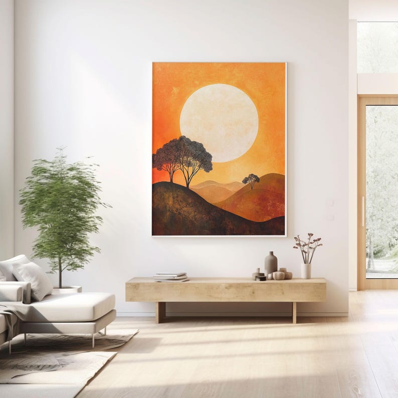 May include: A painting of a sunset landscape with two trees and a large, white moon in the sky. The hills are painted in shades of orange, brown, and yellow.