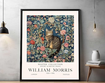 Impresión de gato atigrado de William Morris: póster de exposición vintage / Arte mural floral