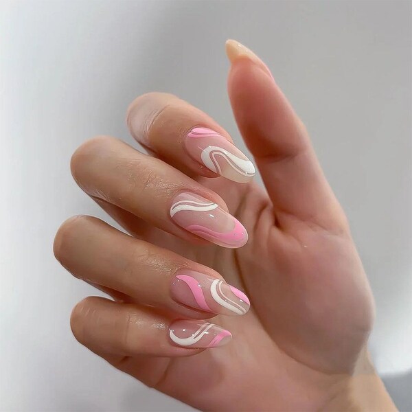 Box 24pcs Reusable Nails Wave Swirl Pink and White Elegant Shade | Press or Glue On Nails / Gloss Fake False Nails