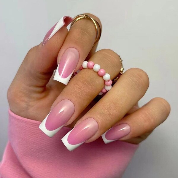 Box 24pcs Reusable Nails French Pink Long Square shape Elegant Shade | Press or Glue On Nails / Gloss Fake False Nails