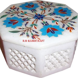 Decorative White Marble Inlay Jewelry Box, Semi Precious Stones Inlaid, Trinket Box, Unique Gift For Her, Handcrafted Box, Multi Use Box