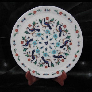 10&quot; Marble Marquetry Gems Inlay Plate, Flowers, Pietra Dura Art, Serving Plate, Marble Serveware, Gift, Kitchen Decor, Home Decor