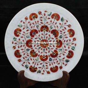 12&quot; Marble Marquetry Gems Inlay Plate, Flowers, Pietra Dura Art, Serving Plate, Marble Serveware, Plate, Gift, Kitchen Decor, Home Decor