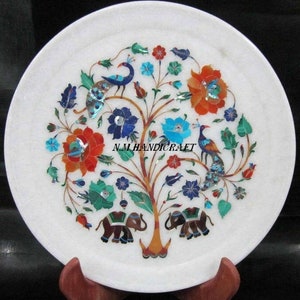 9&quot; Marble Marquetry Gems Inlay Plate, Flowers, Pietra Dura Art, Serving Plate, Marble Serveware, Gift, Kitchen Decor, Home Decor