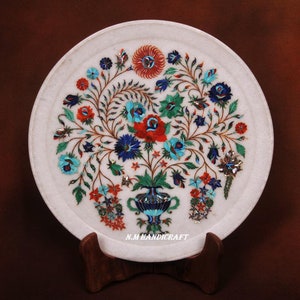 Decorative Marble Marquetry Gems Inlay Plate, Flowers, Pietra Dura Art, Serving Plate, Marble Serveware, Gift, Kitchen Decor, Home Decor