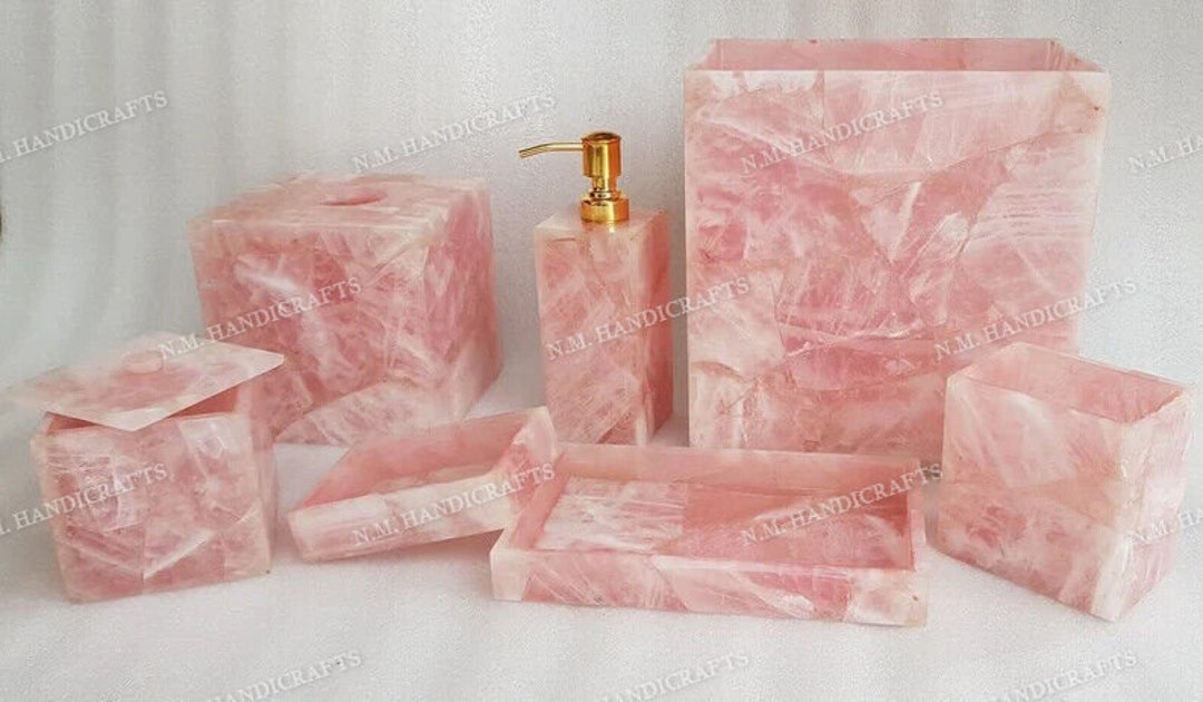 Rose Quartz Bath Set, 7 Pcs, Quartz Soap Dispenser, Quartz Soap Dish
