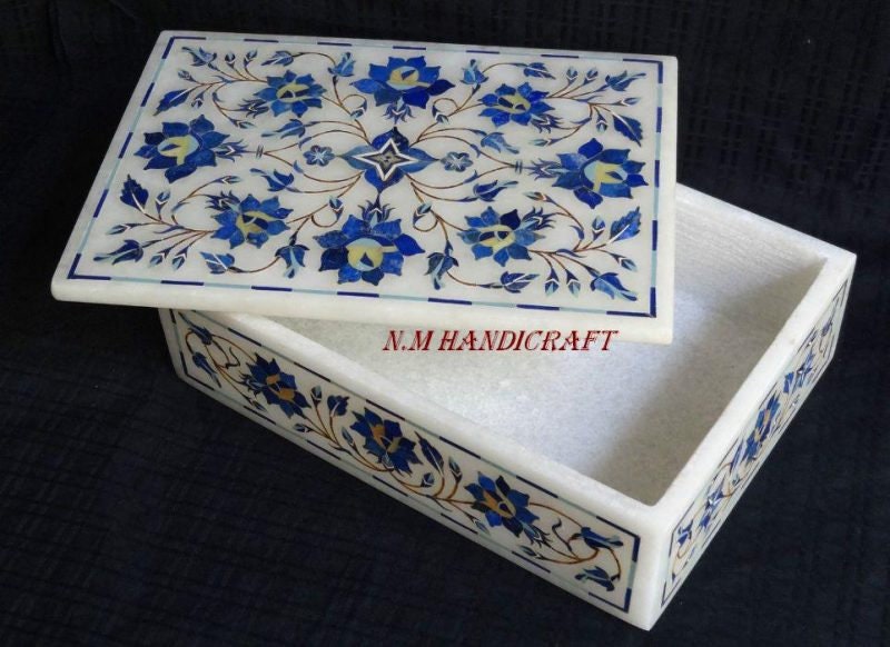 Decorative White Marble Inlay Jewelry Box, Lapis Lazuli Inlaid, Trinket Box, Unique Gift For Her, Handcrafted Jewel Box, Multi Use Box