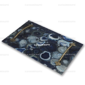 Dark Blue Agate Serving Tray With Gold Handles, Agate Stones Marquetry, Kitchen Accessory, Home Decor, Office Decor