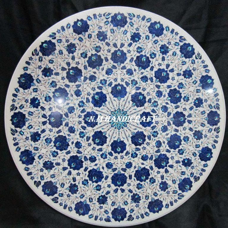 36" Marble Table Top, Lapis Lazuli Inlaid, Floral Handmade Art, Coffee Table Top, Mosaic Marquetry Art, coffee/end/side/dinning table top
