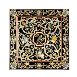 Marble Center Table Top Inlaid With Semi Precious Stones, Mosaic Art Craft, Stone Coffee Table Top, Stone Side Table, Pietra Dura Table