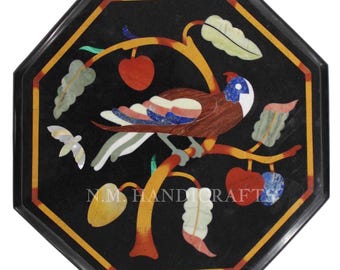 Mesa de centro de mármore, mesa central com incrustações de pedras preciosas, mesa lateral floral, mesa feita à mão, arte em mosaico, mesa com incrustações florais, tampo de mesa de centro em pedra