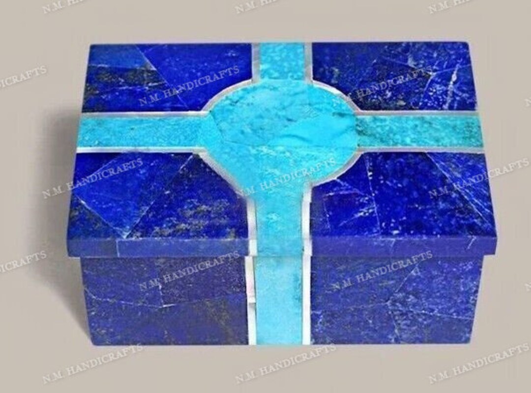 Marble Jewelry Box, Lapis & Turquoise Gems Stone Inlaid, Trinket Box