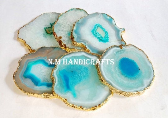 Turquoise Agate Coasters Set of 4 Gold or Silver Electroplated, Handmade Coaster, Table Coaster, Home Decor