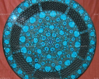 Green Marble Coffee Table, Turquoise Stone Inlaid, Marble Table, Centre Table Top, Mosaic Marquetry Art, Dining Table Top