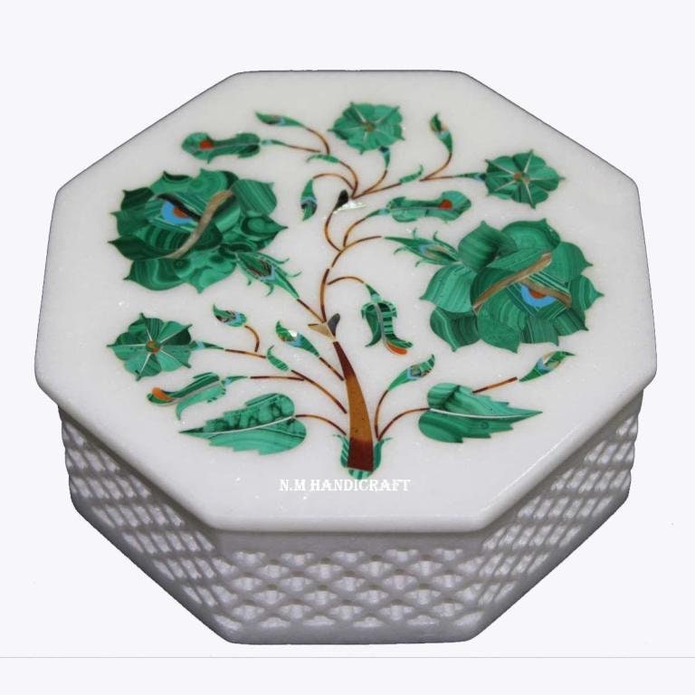 Floral White Marble Inlay Jewellery Box, Melachite Stones Inlaid, Trinket Box, Unique Gift For Her, Handcrafted Jewel Box, Multi Use Box