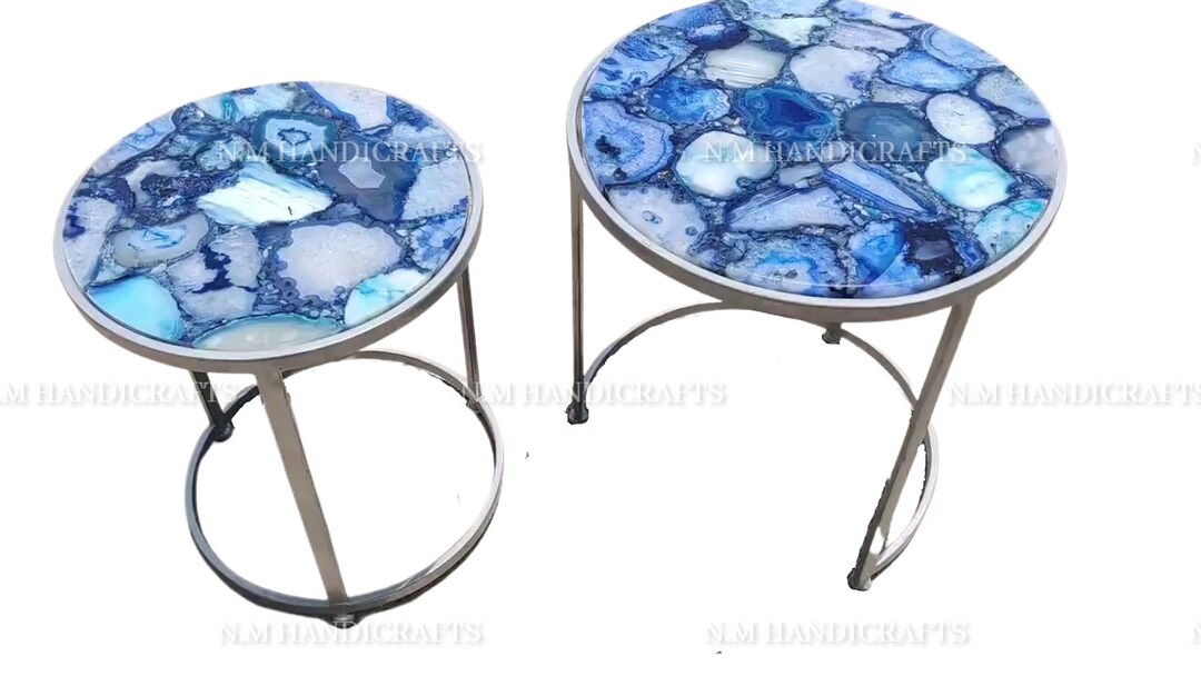 Blue Agate Nesting Coffee Table Top, Blue Stone Table, Agate Coffee Table, Agate Side & End