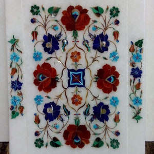 10 X  7 ” White Marble Inlay Tray, Semi Precious Stones Inlaid, Floral Marquetry, Pietra Dura Art, Serving Tray, Kitchen Decor, Home Decor