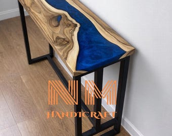 Live Edge Console Table with Blue Epoxy River, Handmade Wood Entryway Table, Modern Narrow Hallway Table, Custom Resin Furniture