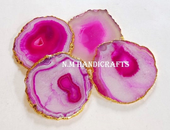 Pink Agate Coasters Set of 4 Gold or Silver Electroplated, Handmade Coaster, Table Coaster, Home Decor
