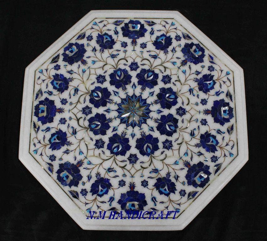 18" Marble Table Top, Lapis Lazuli Inlaid, Floral Handmade Art, Coffee Table Top, Mosaic Marquetry Art, coffee/end/side/dinning table top