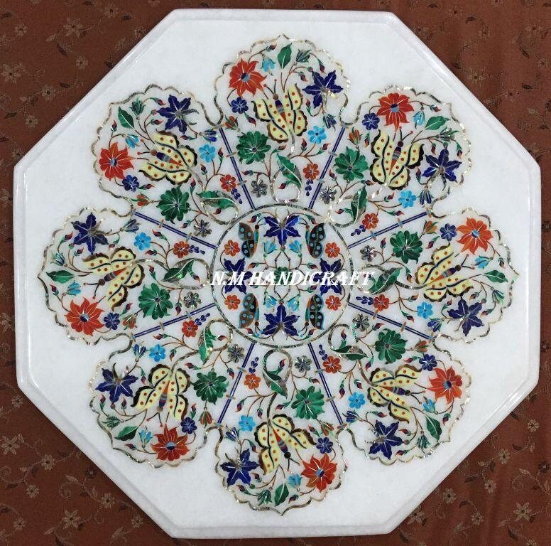 15" Butterfly Art Marble Table Top, Mid Centuary Design Inlay, Handmade Coffee Table Top, Pietra Dura Art, coffee/end/side/dinning table top