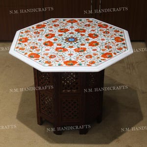 24&quot; Marble Table Top Carnelian Stone Inlay With Wooden Pedestal, Pietra Dura Craft Work, White Marble  Table Semi Precious Gemstones Inlaid