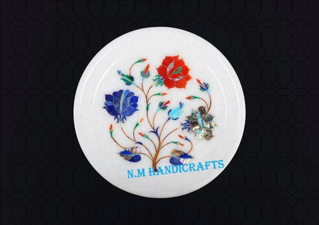7" Marble Marquetry Gems Inlay Plate, Flowers, Pietra Dura Art, Coaster, Tea Coaster, Plate, Gift, Kitchen Decor, Home Decor