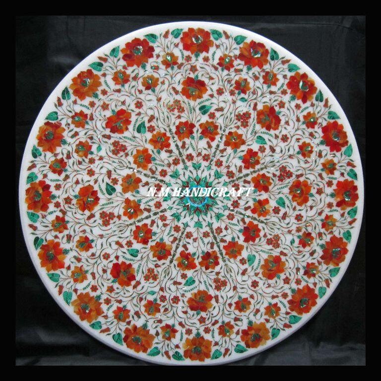 36" Marble Table Top, Inlaid Carnelian Stone, Floral Handmade Art, Coffee Table Top, Mosaic Marquetry Art, coffee/end/side/dinning table top