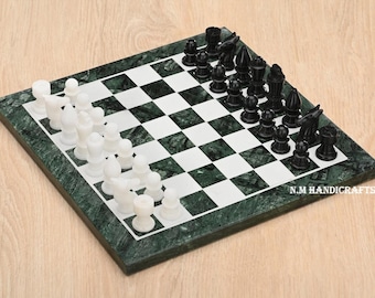 Green Marble Chess Set, Stone Chess Board, Pietra Dura Art, Mosaic Marquetry Art, Chess table, Grey Stone Chess Board