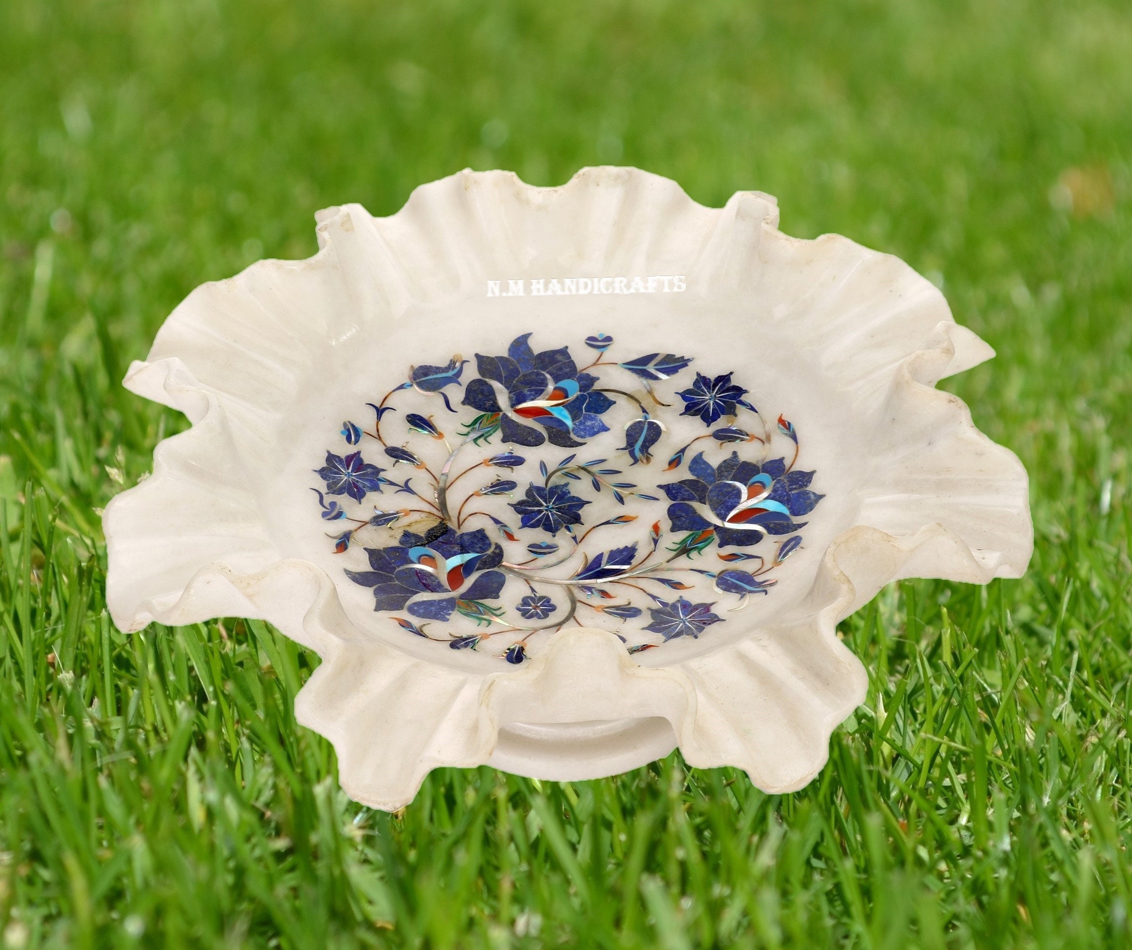 Unique White Marble Fruit , Lapis Lazuli Inlaid, Snack , Serving , Marble Serve ware, Serving , Flower , Fruit , Art