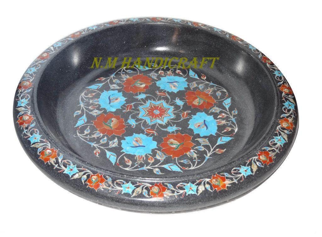 12 " Black Marble Fruit , Semi Precious Stones Inlaid, Handmade Art, Marble Serveware, Home Decorative, Pietra Dura Art