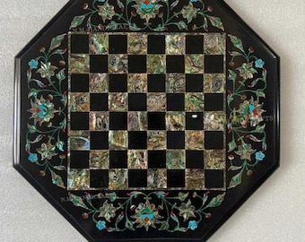 Marble Chess Set, Abalone Shell Inlay Chess Table, Pietra Dura, stone chess, Mosaic Marquetry Art, Chess table, Stone Chess Board Set