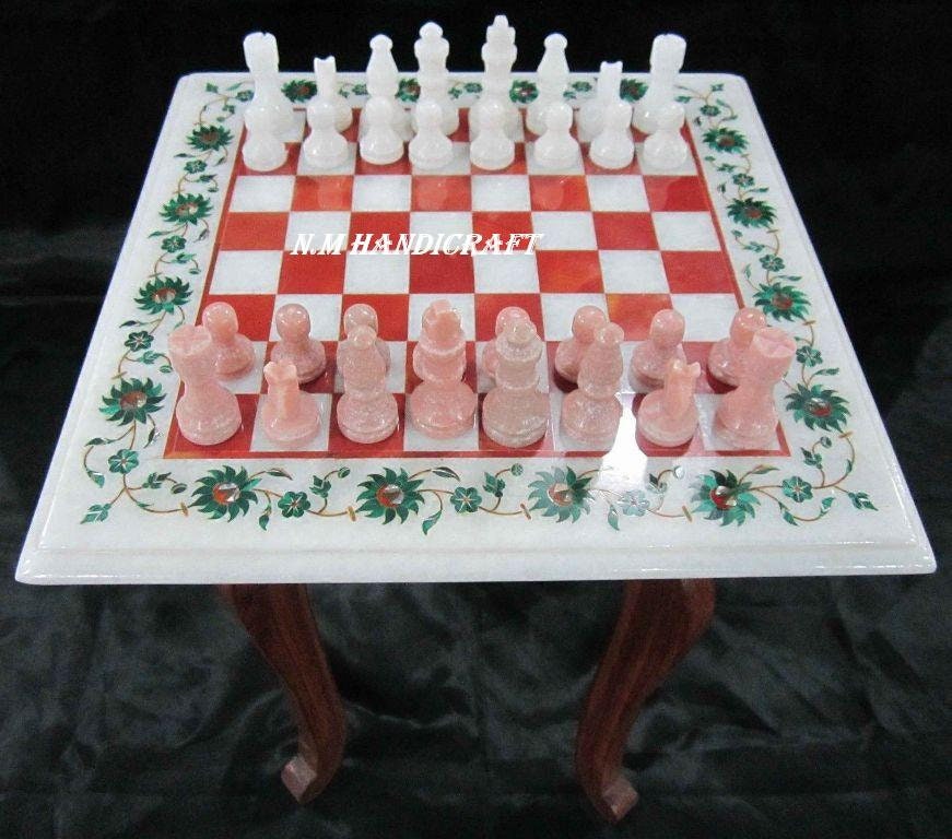 White Marble Chess Table Gem Stones Inlay Game Board Chess Etsy