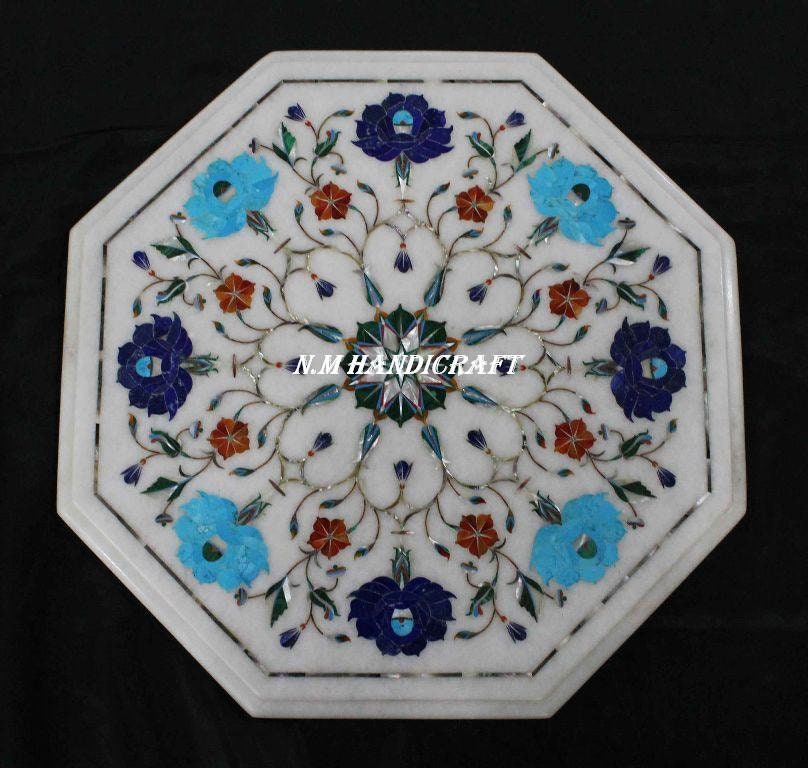 12″ Handmade Marble Table top, Inlaid Pietra Dura, Gem Stones, Vintage Mosaic Marquetry Art, coffee/end/side/dinning table top