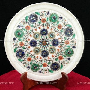 Decorative Spider Art On Marble Gems Inlay Plate, Flowers, Pietra Dura Art, Serving Plate, Marble Serveware, Gift, Kitchen Decor, Home Decor