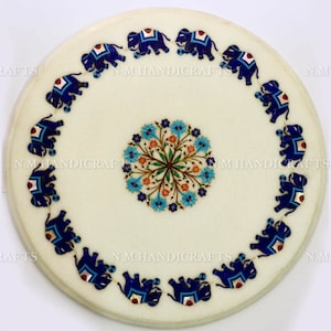Marble Table Top, Elephant Art Table Top, Gems Stones Inlaid, Pietra Dura, Mosaic Marquetry Art, coffee table, side table, Center Table Top
