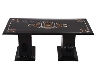 Mesa de centro de mármol con incrustaciones de mosaico, tablero rectangular de piedra negra, mesa de centro de Pietre Dura, obra de arte para decoración del hogar.