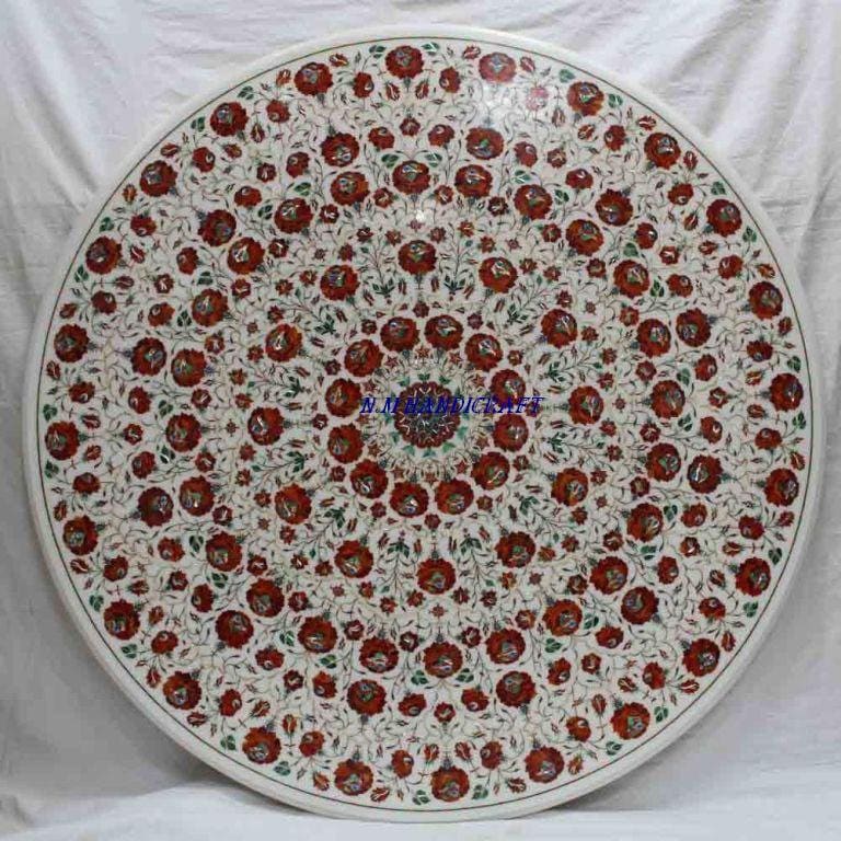 48" Marble Table Top, Inlaid Carnelian Stone, Floral Handmade Art, Coffee Table Top, Mosaic Marquetry Art, coffee/end/side/dinning table top