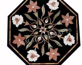 Mesa de centro de mármore, mesa central com incrustações de pedras preciosas, mesa lateral floral, mesa feita à mão, arte em mosaico, mesa com incrustações florais, tampo de mesa de centro em pedra