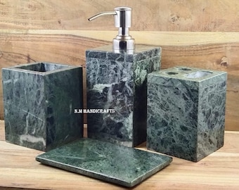 Green Forest marble bath set, Luxury bathroom, Bathroom Accessories Set of Marble, Soap Dispenser Set with for Home Decor, Set of 4 Pcs