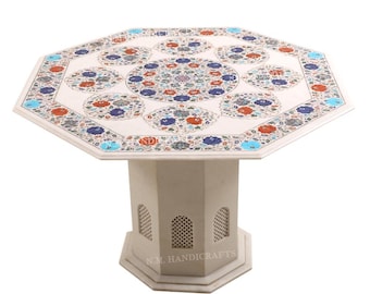 Marble Dining Table Top , Floral Design Inlay, Pietra Dura Inlaid Table, Gems Stone Marquetry Art Table, Craft work handmade inlay table,