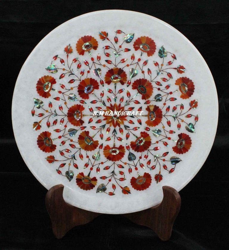 12" Marble Marquetry Gems Inlay Plate, Flowers, Pietra Dura Art, Serving Plate, Marble Serveware, Plate, Gift, Kitchen Decor, Home Decor